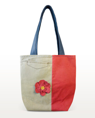 Journey Bloom recycled denim tote bag with embroidered flower handmade in Colombia