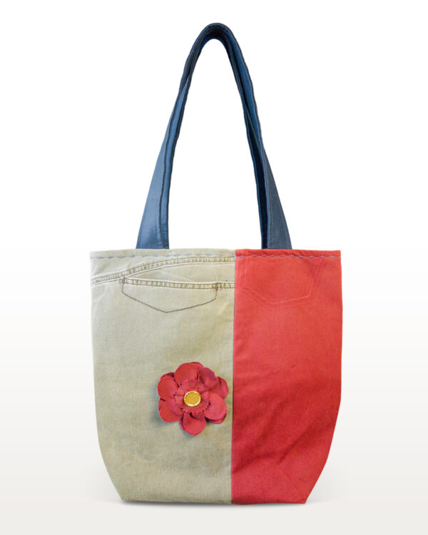Journey Bloom recycled denim tote bag with embroidered flower handmade in Colombia