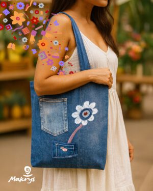 Bolso artesanal en denim reciclado Makrys. Flor-Valiente-bag-Makrys