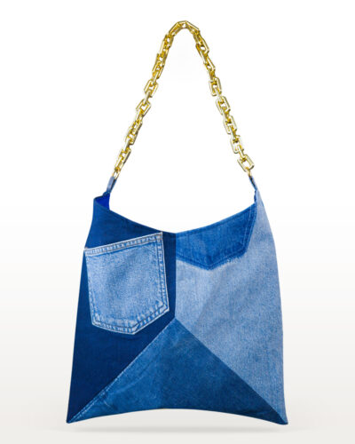 Luz Dorada one-of-a-kind recycled denim bag with gold-tone chain straps