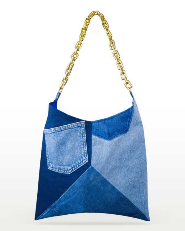 05---Luz-Dorada-a Luz Dorada one-of-a-kind recycled denim bag with gold-tone chain straps