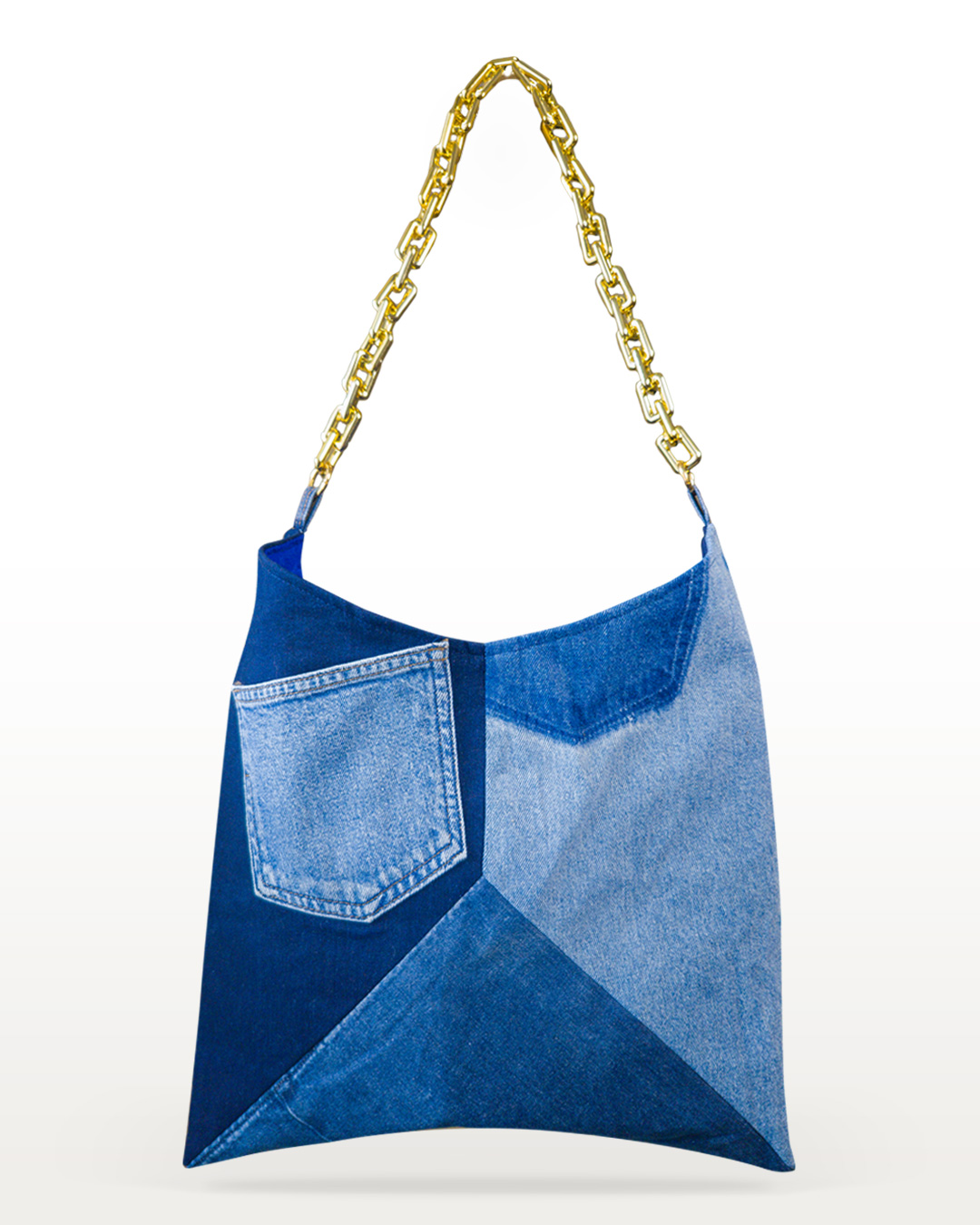 Luz Dorada one-of-a-kind recycled denim bag with gold-tone chain straps