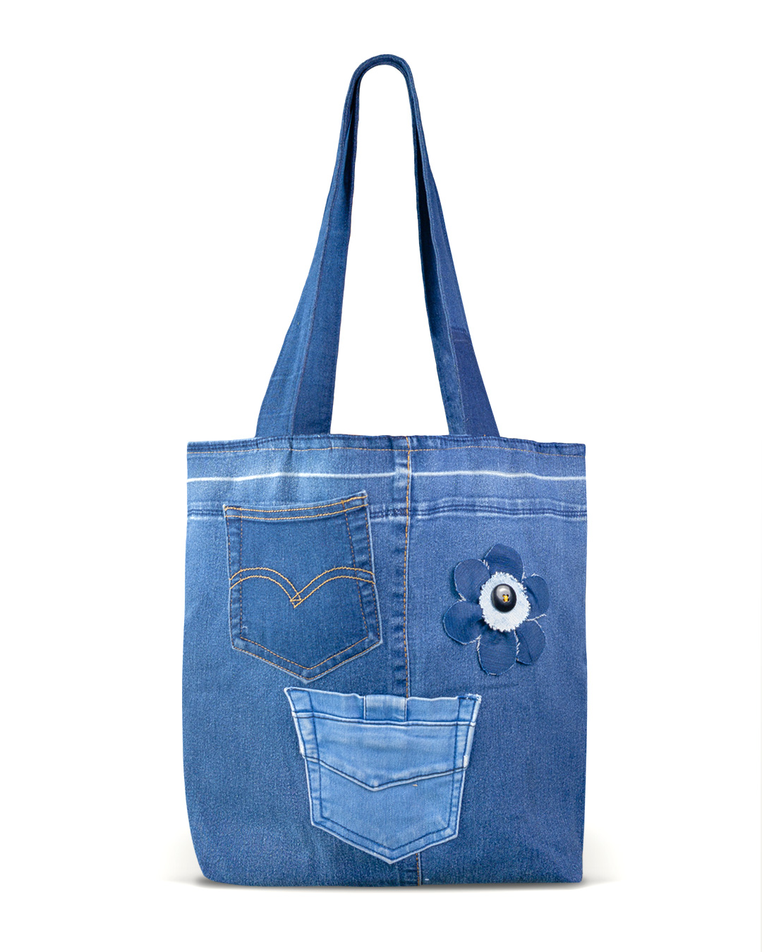 Pocket Bloom recycled denim tote bag with embroidered flower