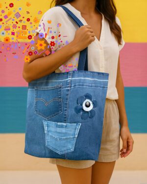 Bolso artesanal en denim reciclado Makrys. flor-de-bolsillo-bag-makrys