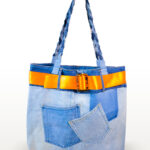 Orange Sunrise recycled denim tote bag with orange satin ribbon