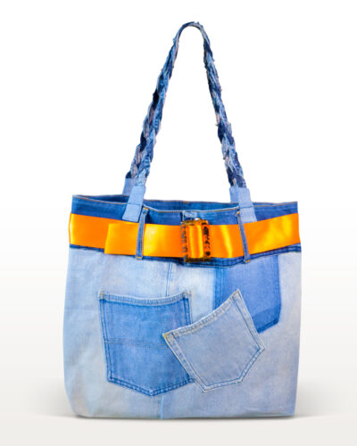Orange Sunrise recycled denim tote bag with orange satin ribbon