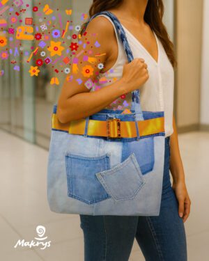 Bolso artesanal en denim reciclado Makrys. Amanecer-Naranja-bag-makrys