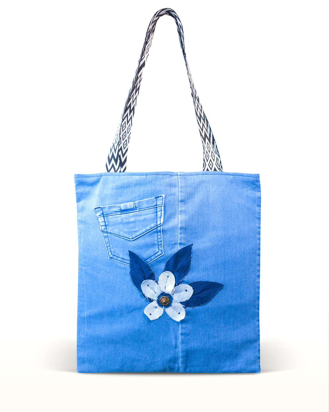 Alma en Flor recycled denim tote bag with handmade flower detail