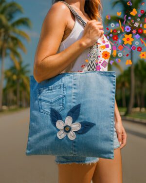 Bolso artesanal en denim reciclado Makrys. Alma-en-Flor-bag-Makrys