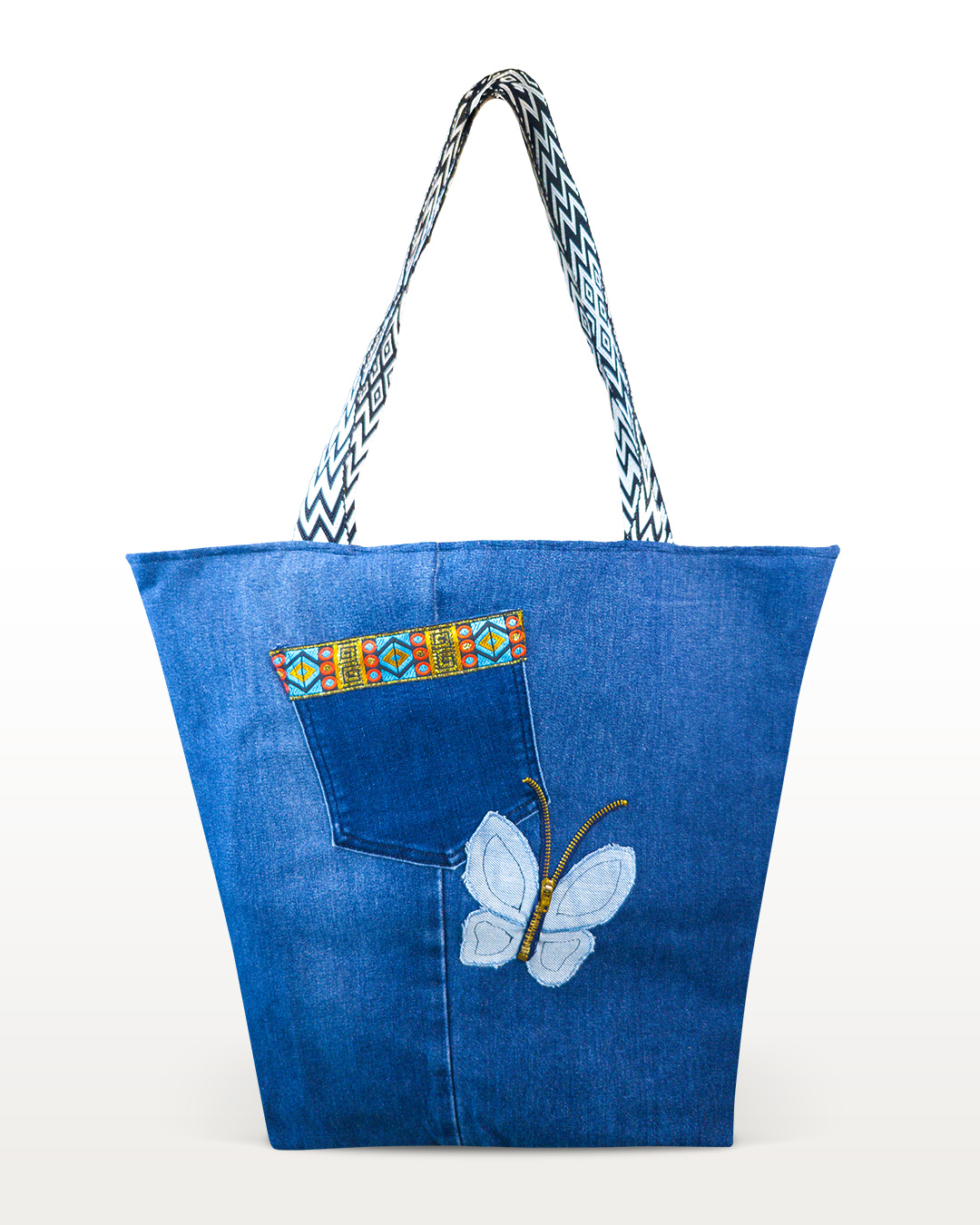 Brave Butterfly recycled denim bag handmade in Colombia