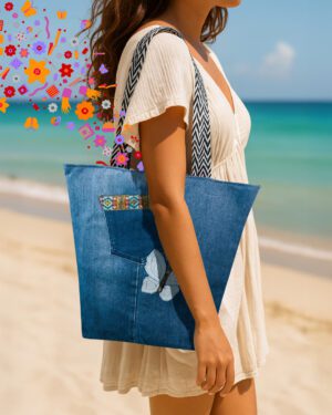 Bolso artesanal en denim reciclado Makrys. Mariposa-Valiente-BAG-MAKRYS