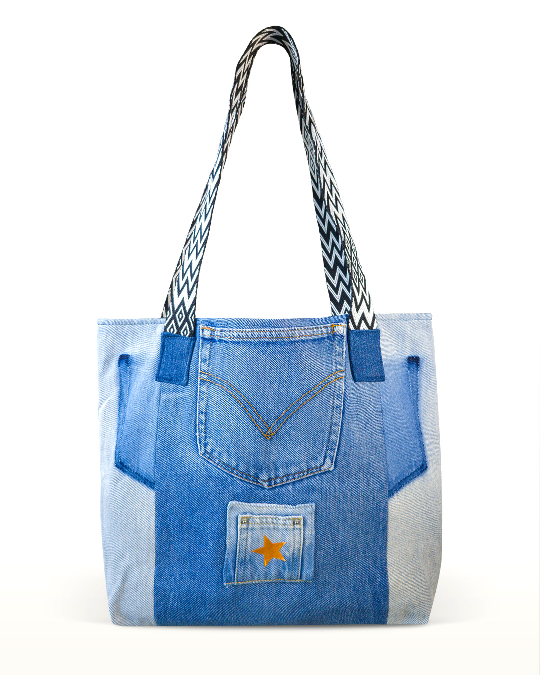 Golden Star recycled denim tote bag handmade by Edna