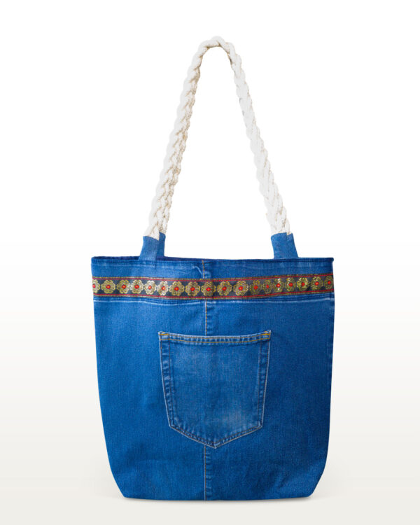 Sendero en Flor recycled denim tote bag with embroidered flowers and braided handles