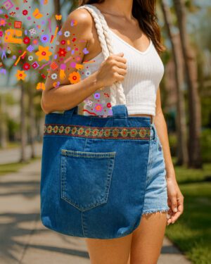 Bolso artesanal en denim reciclado Makrys. Sendero-en-Flor-bag-Makrys