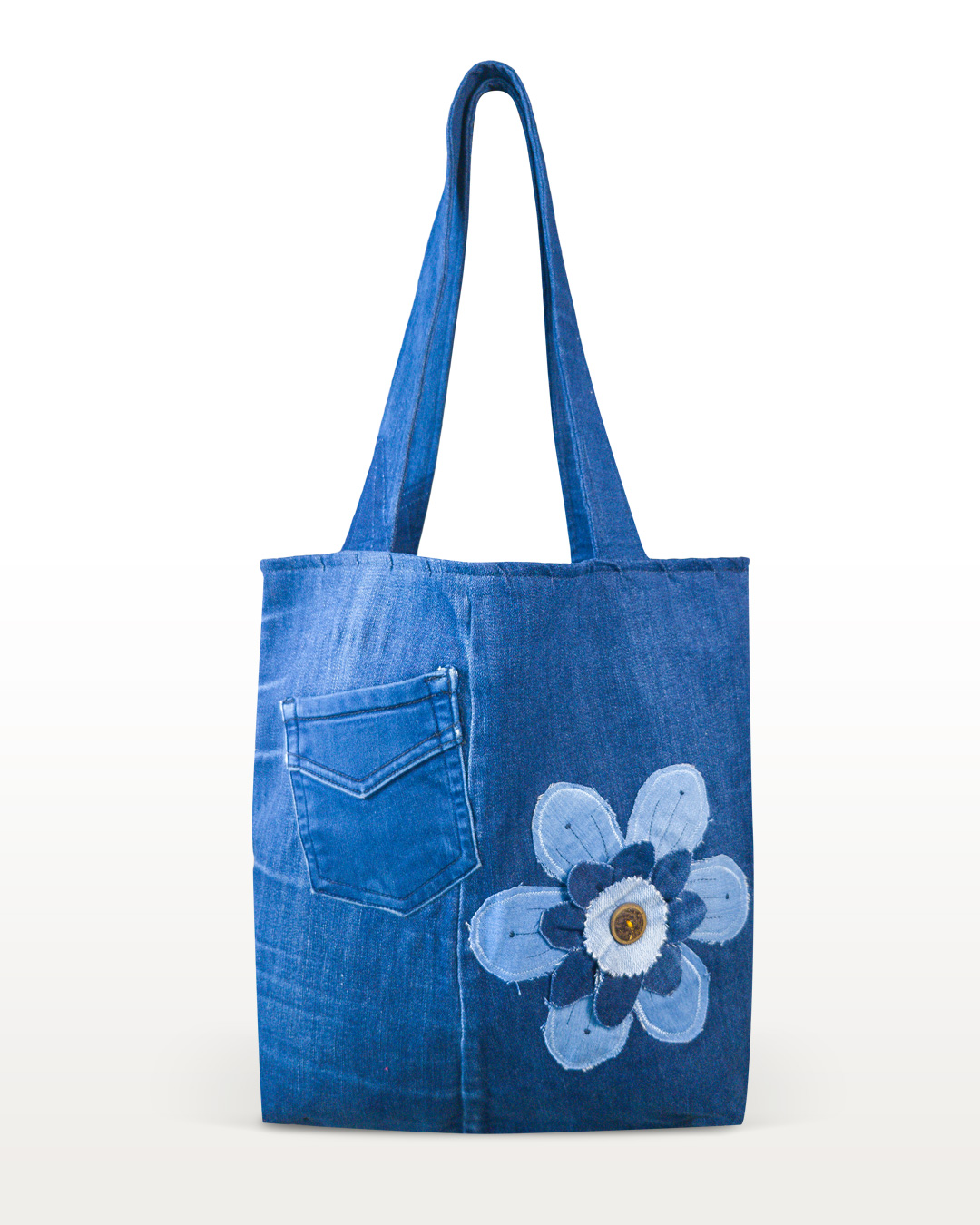 Flor Eterna recycled denim tote bag with handmade flower