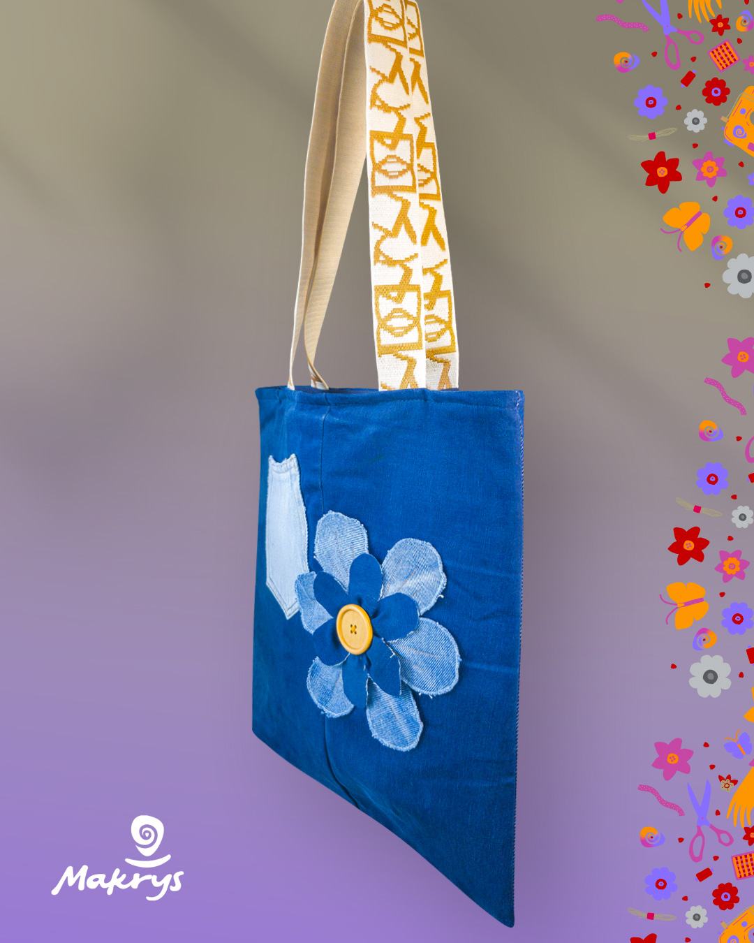 Bolso artesanal en denim reciclado Makrys. Semilla-Naranja-bag-Makrys