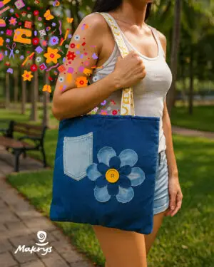 Bolso artesanal en denim reciclado Makrys. Semilla-Naranja-bag-Makrys