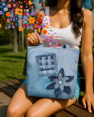 Bolso artesanal en denim reciclado Makrys. Flor-Trenzada-bag-Makrys